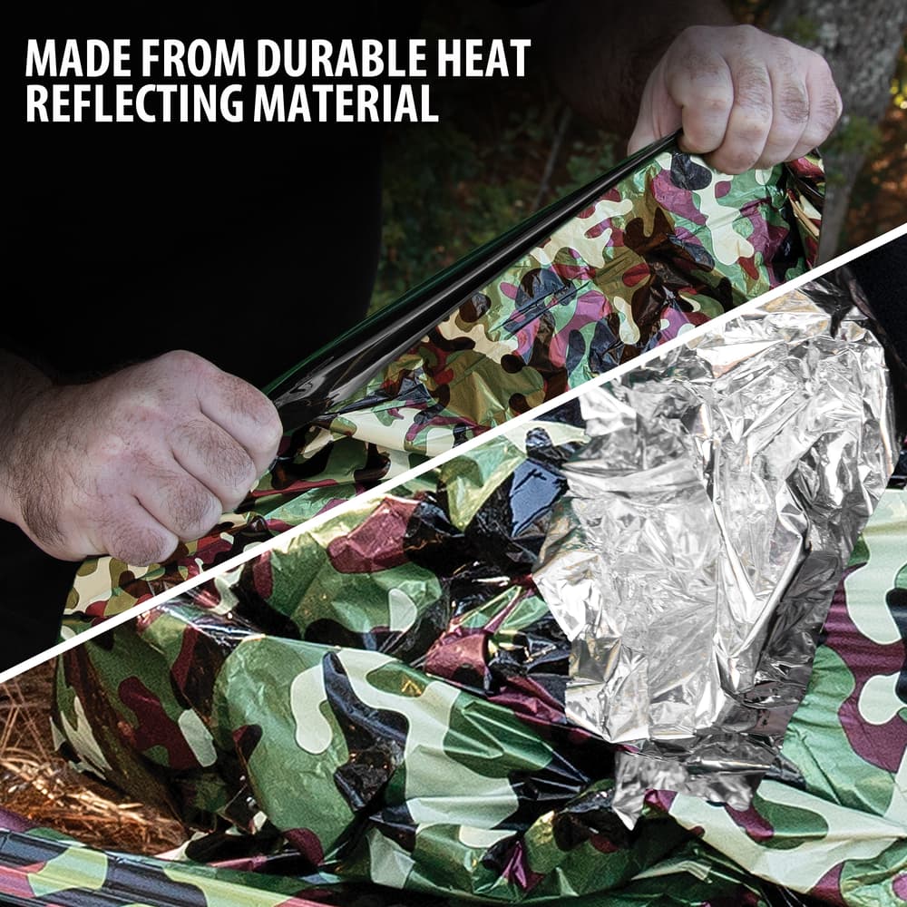 Full image of the durable heat reflecting material of the Emergency Sleeping Bag. image number 2